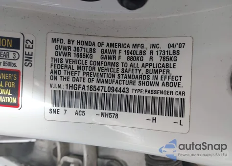 2007 Honda Civic Lx z USA, uszkodzony, nr VIN 1HGFA16547L094443
